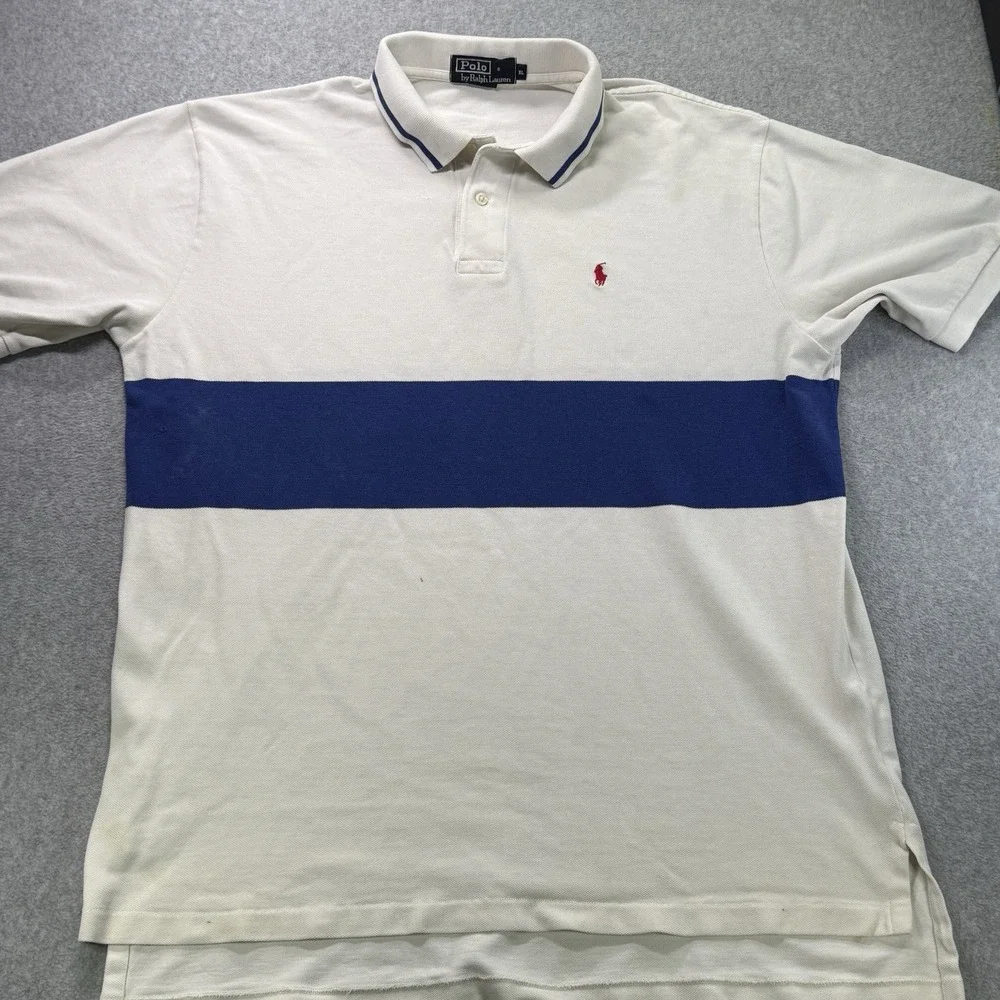 Y2K Polo by Ralph Lauren Colorblock‎ Polo Shirt XL Cream Navy Stripe Vintage